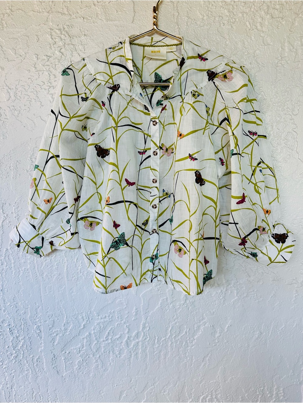 Anthropologie Maeve Butterfly Floral Boho Cotton Puff Sleeve Collared Blouse Top - Picture 5 of 10